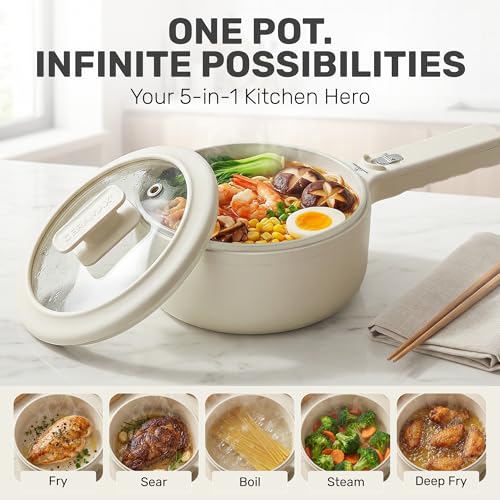 Image of CERAMAX PRO Electric Hot Pot with Lid & Steamer, 1.5L Non Toxic Ceramic Cooker Skillet for Ramen, Eggs, Pasta for Dorms, Camping, RVs, Work, Adjustable Temp. - New Improved 2026 Model