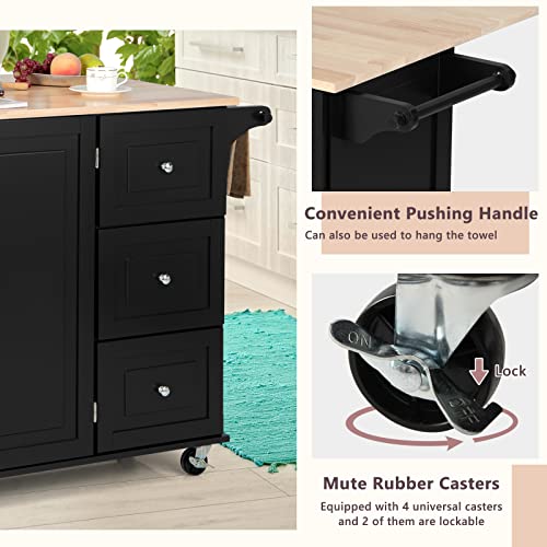 TANGZON Large Mobile Kitchen Island, Kitchen Storage Trolley with Expandable Wooden Worktop, Adjustable Shelves, 3 Drawers & Side Handles, Portable Utility Serving Cart for Dining Room (Black) - Image 5