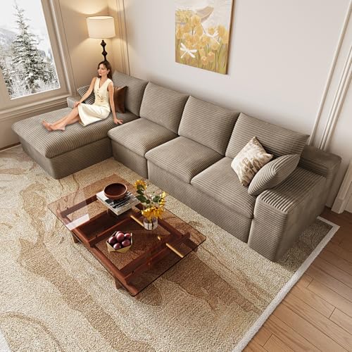 Image of 136 inch Cloud Couch Modular Sectional Sofa for Living Room, L-Shape Boneless Couch with Deep Seat, Modern Corduroy 4-Seater, No Assembly Required (Camel,Left-Facing Chaise)