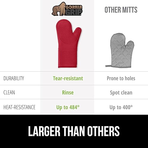 Miniatura 222 de GORILLA GRIP Juego de 4 manoplas de horno de silicona suave sin BPA y soportes para ollas, resistentes al calor, forro de algodón grueso, agarre Rojo
