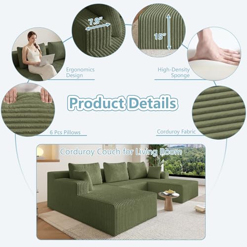 Image of 107 inch W Boneless Cloud Sectional Couch Modular Sofa with Ottoman | Modern U-Shaped Couches, Comfy Corduroy Memory Foam Sofas with Oversized Chaise for Living Room (Green)