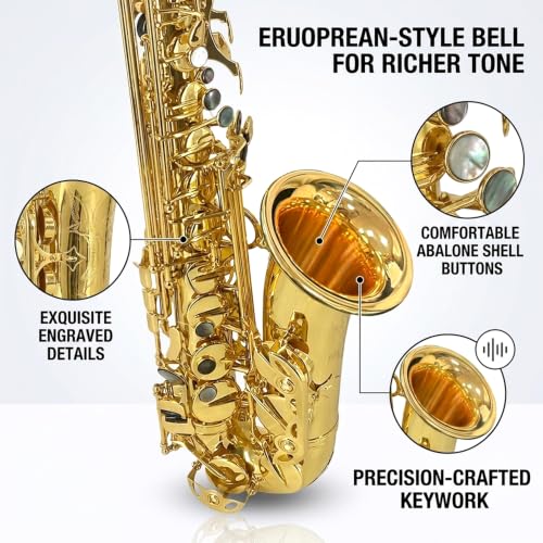 Image of Alto Saxophone Eb Gold Lacquer Finish Complete Starter Kit with Hard Case, Reeds & Maintenance Accessories for Entry & Intermediate Musicians, Beginners