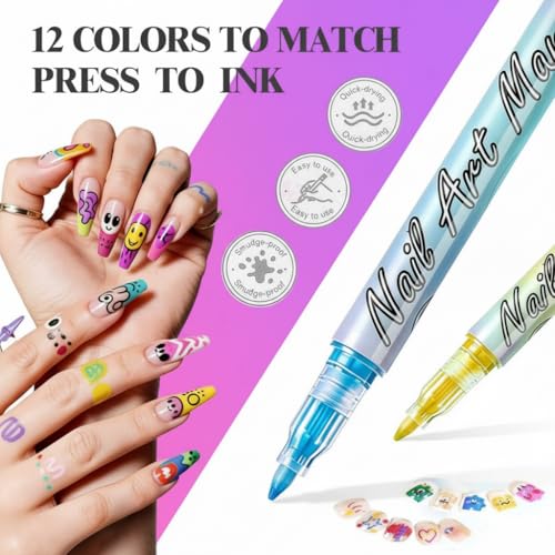 Image of KHOLAD 12 Colors nail art Pens Set, 2026 Upgrade Nail Art Markers for Gel Nails, DIY Quick Dry Graffiti Dotting Point Liner Pens, 3D Nail Polish Pens for Painting, Nails Art Drawing Tool (12 Colors - 0.7mm Fine Tip)