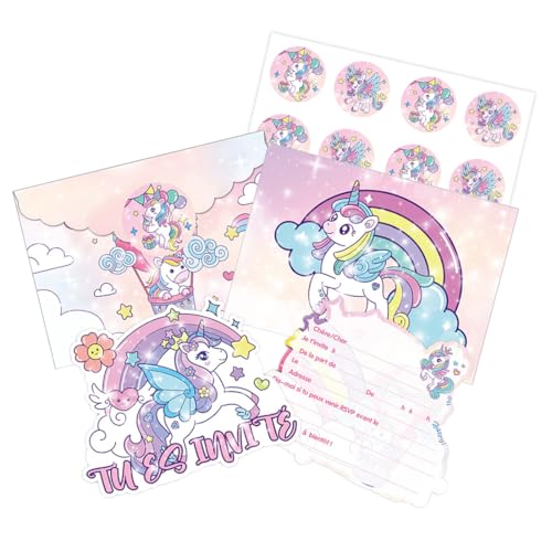 Pacote de 12 cartões convite aniversário unicórnio menina, cartões de convite, 12 velopes, 12 autocolantes unicórnio coordenados