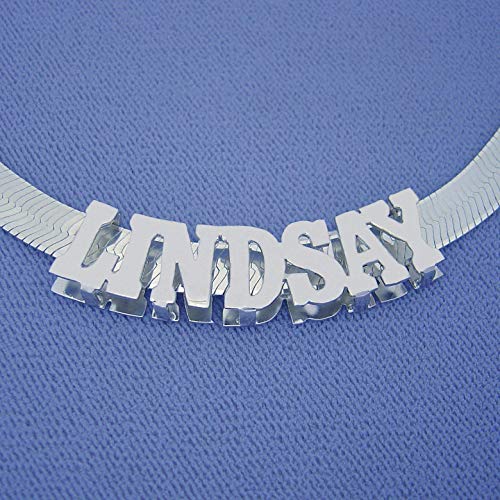 Sterling Silver 7 mm Herringbone Chain Personalized Pendant Shinny Block Font Name Slider Sterling Silver 7 mm Herringbone Chain Personalized Pendant Shinny Block Font Name Slider