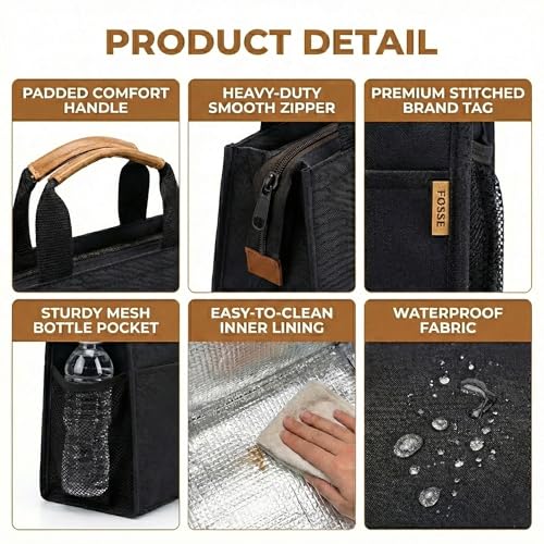 Image of FOSSE Insulated Lunch Bag (10 Litre, Black), Office Tiffin Bags for Men and Women, Hot & Cold Travel Lunch Box for Men, Tiffin Box & Bottles, Lunch Bag for Office, Picnic Bag (Black)