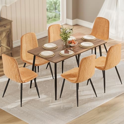 Image of VASAGLE Set of 6 Dining Chairs, Dining Room Kitchen Chairs, Metal Frame, Adjustable Feet, Easy to Clean, Chenille Fabric, Glacier-Textured Synthetic Leather, Caramel Brown UKDC187K01-3J