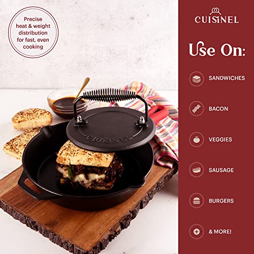 Image of Cuisinel Cast Iron Skillet + Grill Press + Scraper Set - 10 inch-inch Pre-Seasoned Frying Pan + Silicone Handle Grip - 7 inch Round Burger Smasher - Indoor /Outdoor, Grill, Kitchen Cookware. PFAS and PFOA-free