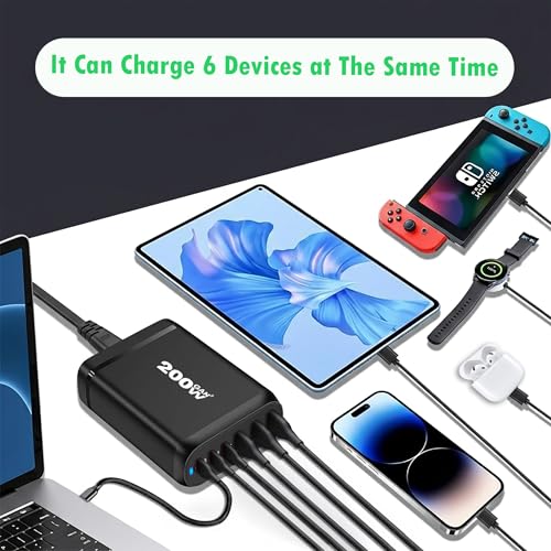 Image of MX 200W GaN USB C Charging Station, 6-Port Desktop Charger with PD 100W Type C Power Supply QC3.0 Fast Charging for MacBook Pro 16 inch /Air, Dell XPS, iPad Pro, iPhone 17 /16 /15, Galaxy S25 /S24