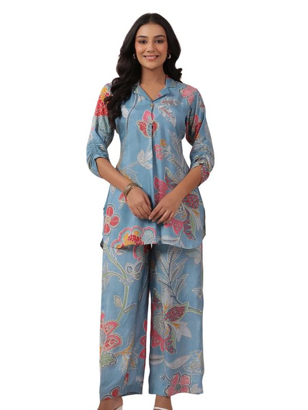 Blue Multi Color Bold Floral Printed Muslin Co Ord Set-picture-32