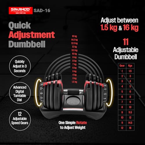 Image of Sparnod Fitness SAD-16 Adjustable Dumbbell 16kg, 12 Gear Quick Adjustment Digital Dial, High-Strength Steel, Nylon & Soft Rubber, 8 Safety Locks, Non-Slip Handle, Base Tray, Full-Body Strength Training