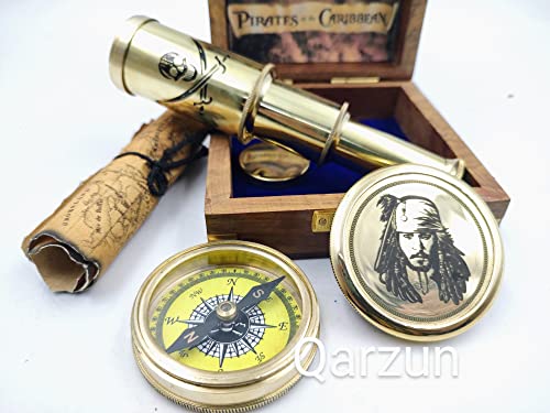 Brújula de latón con telescopio plegable en caja de madera miniatura 4