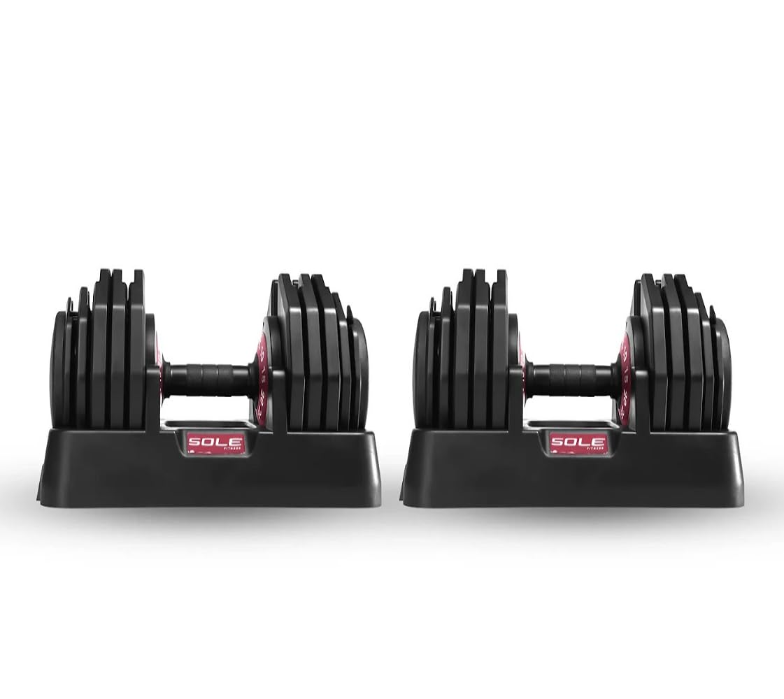 sole fitness adjustable dumbbells (set of 2) sw180, versatile space-saving equipment - adjustable weights from 5lbs to 80lbs - tone and strengthen (2-boxes)
