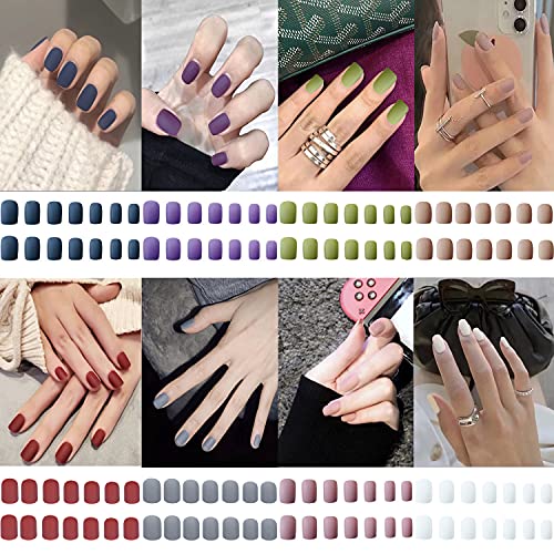 8 Packs (192 Pcs) Matte Short Square Press on Nails, Acrylic Short False Nails Full Cover Set Artificial Fake Nails Solid Color with Glue Nail File for Women