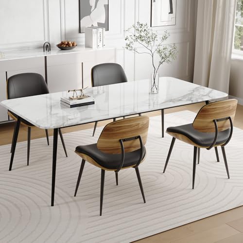 BERYTH Mid Century Modern Dining Chairs Set of 4, PU Leather Armless Kitchen Chairs with Walnut Bentwood Back & Metal Legs, Sturdy Retro Accent Chairs for Dining Room, Living Room, Black