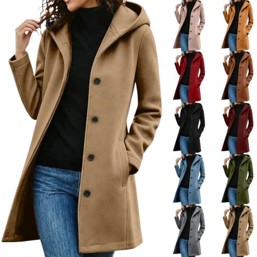 Gaexia Pea Coats for Women Long Hooded Jacket Mid Length Casual Trench Coat - image 1