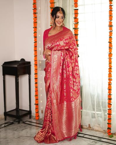Image of Women's Soft Pure Silk Banarasi Saree and Unstitched Blouse Piece with Jacquard Zari Woven | Saree for Women