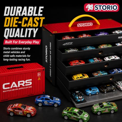 Image of Storio 48 Pull Back Toy Cars Set for Kids with Storage Container & Play Mat, Metal Mini Race Cars, Car Carrier Organizer Box, Party Favors for Boys Girls Age 3-8 Years