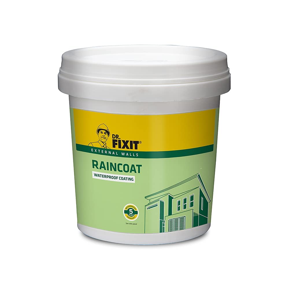 Dr. Fixit Raincoat WPC, Waterproof Coating, External wall waterproofing, Coating, No dilution, 1 Litre, Single Coat Application, Elastomeric, 5 years waterproofing, Base coat, Brush, Roller