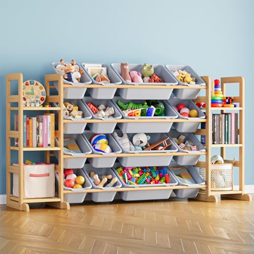 Image of SpaceAid Toy Storage Organizer with 6 Shelves and 16 Bins, Toy Organizers Storage Bookshelf, Kids Bin Shelf Toys Box Bookcase for Bedroom Playroom Organization Room Decor, Neutral Gray