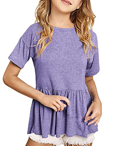 Image of Ebifin Girls Short Sleeve Tops Kids Peplum Babydoll T Shirts Tees 4-15Y | Girls T-Shirts, Crew neck Short Sleeve Shirts, Casual Tunic Tops, Cute Blouses, Summer Tees, Ruffle Hem, Loose fit