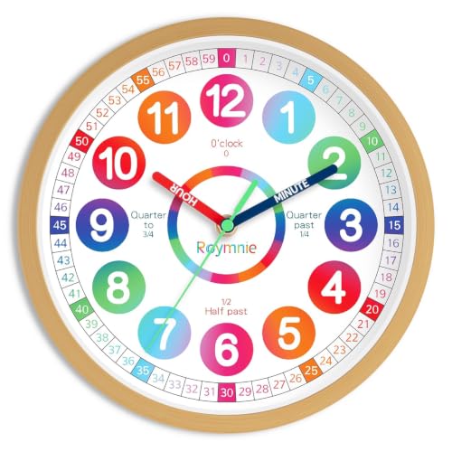 Image of Roymnie Wall Clock 10 inch for Kids Learning Teaching Silent Battery Operated | Learning to Tell Time Easily Non Ticking Analog Colorful Teaching Time Clock Decorative for Kids Room Classroom School Modern
