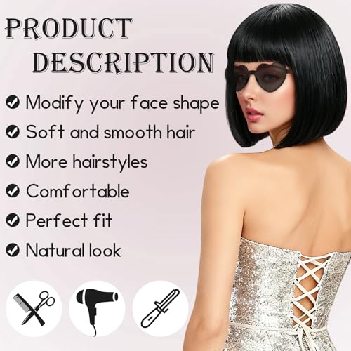 Image of 2 Pack Colored Bob Wigs and Heart Sunglasses Set, Green Black Short Straight Bob Wig with Bangs Neon Party Colorful Synthetic Hair for Women Men Halloween Costume Bachelorette Party Favors