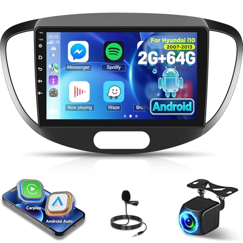 [2G+64G] Android Radio Coche para Hyundai i10 2007-2013 con Wireless Carplay y Android Auto, Radio de Coche con Pantalla Táctil de 9 Pulgadas con GPS/WiFi/Bluetooth/EQ/FM