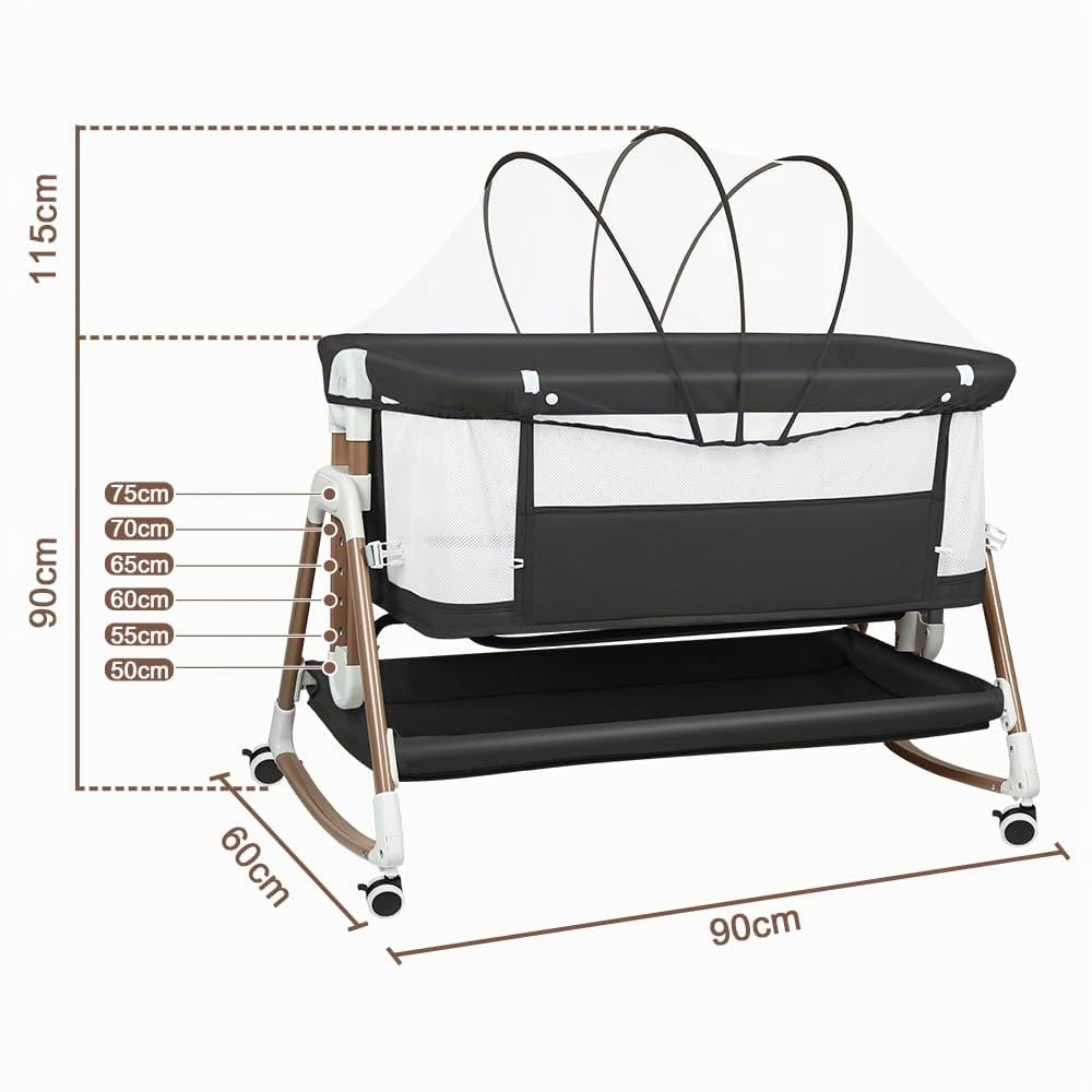 HUOLE Berceau pour Bébé avec Système de Fixation au Lit, Hauteur Réglable et Côtés Ventilés | Berceau Cododo Parfait pour Dormir Près de Bébé-90 x 60 x 90-115 cm - Noir + Or