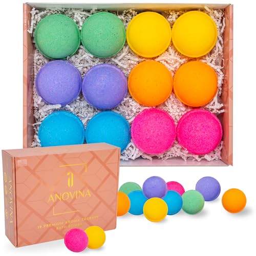 Anovina 12XL Bath Bombs Gift Set USA Made with Natural Essential Oils for Women & Kids – Aromatherapy Holiday Gifts Ideas. Mothers Day Gift Idea. Bath Bombs Gifts for Women Men and Kids