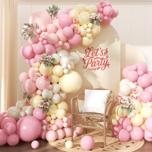 Image of Pink and Yellow Balloon Arch Garland Kit 157pcs, Pastel Pink Light Pink Yellow Sand White Balloons Arch Kit for Birthday Baby Shower Bridal Shower Wedding Bee Bear Themed Party Decorations