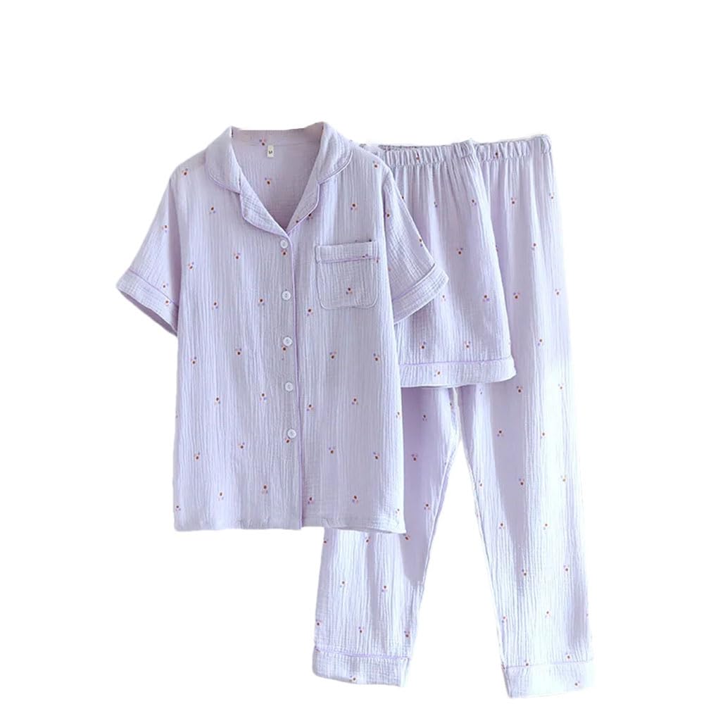 Conjunto de Pijama de algodón de 3 Piezas para Mujer, con Camiseta de Manga Corta con Estampado de Primavera, Pantalones Cortos y pantalón, Ropa de Dormir cómoda (Morado L)