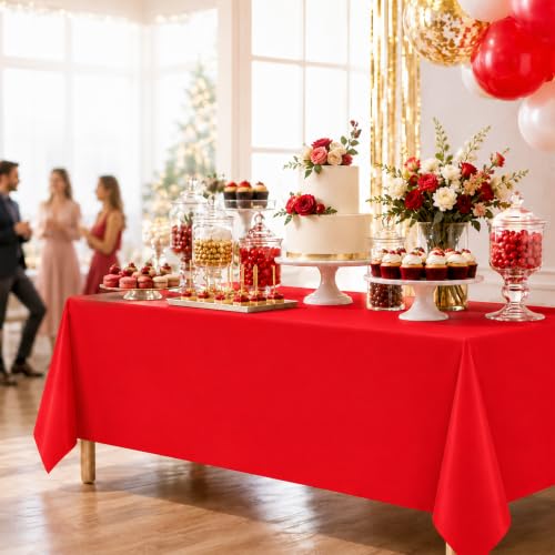 Image of WNINK 6 Pack Red Plastic Tablecloths, 54 x 108 Inch Disposable Covers | Ideal for Birthdays, Weddings, Christmas and Valentine's Day, Helping Protect Tabletops from Spills and Simplify Cleanup