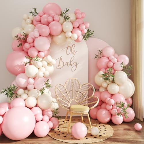 Pink Balloon Arch Kit 124Pcs Pink and White Balloon Arch Garland Kit Pastel Light Pink Sand White Balloons for Baby Shower Wedding Bridal Shower Anniversary Birthday Party Decorations