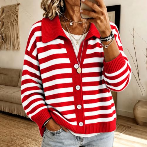 Womens Striped Cardigan Collar V Neck Button Down Long Sleeve Fall Sweater - image 2
