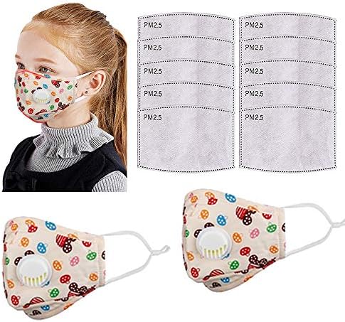 10 Pcs Activated Carbon Filter and 2 Pack Child Facial Covering with Breathing Valve Anti-dust Washable Reusable for Boys Girls Teens Ages 3-15