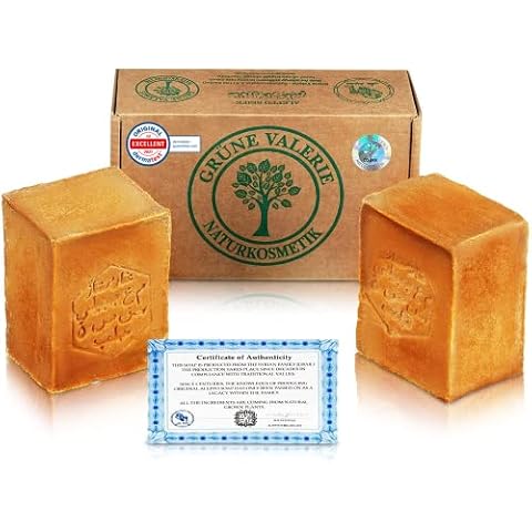 GRÜNE VALERIE® Original Aleppo Seife Set 2 x 200g (400g+) mit 20% / 80% Lorbeeröl/Olivenöl |6 Jahre gereift|Feste Seife, Naturseife/Haarseife/Duschseife | Handarbeit | DERMATEST:"Exzellent" Cover