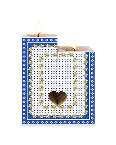 Boho Tile Bohemia Mandala Candle Holder With Tea Light,Vintage Wood Tealight Candle Stick Holder Pillar Centerpiece,Blue Vintage Lemon Summer Fruit Heart-Shaped Tall Wooden Candle Holders Decor Set #TOP15
