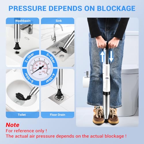 Image of Toilet Plunger, High Pressure Drain Clog Remover, Plungers for Bathroom, Air Drain Unclogger Blaster with Visual Barometer, Toilet Plunger Heavy Duty Powerful Drain Toilet Snake Auger, Sink Plunger