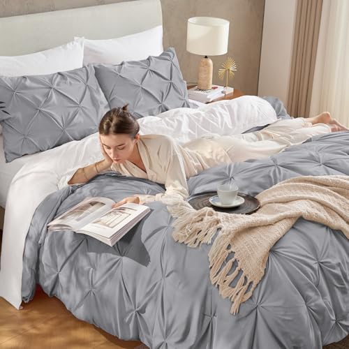 Image of Andency Twin Pinch Pleat Comforter Set (66 inchx90 inch),3 Piece Lightweight Pintuck Bedding Comforters & Sets, Fluffy Down Alternative Comforter with 2 Pillow Shams for All Season,Silver Gray