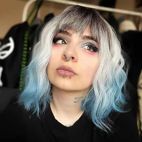Image of Rose bud Wavy Bob Wig with Bangs Synthetic Natural Wig Short Curly Wigs for Women Thick Ombre Silver to Blue
