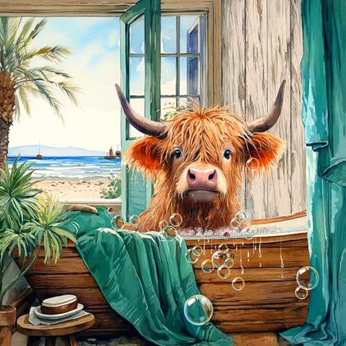 Axquilon Cow Diamond Painting Kits for Adults, Highland Cow Diamond Art Kits for Adults, DIY Round 5D Diamond Painting Highlandcow Gem Art Paintings Kits for Home Wall Decor Gifts 12x12inch