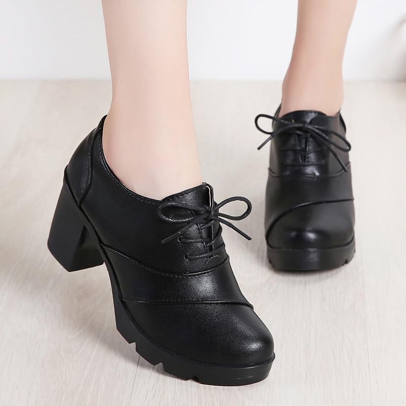 Women's Leather Platform Lace Up Chunky Mid-Heel Loafers Classic Round Toe Dress Oxfords Casual Comfort Walking Pump Shoe for Business Office &Work - Image 3