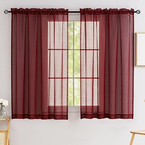 Image of Sheer Curtains for Windows, Window Treatments Semi Crinkle Curtains, Rod Pocket Sheer Privacy Curtains 63 inch Length 2 Panels Set for Living Room Bedroom Kitchen Babyroom Set of 2, 52 inchx 63 inch, Burgundy