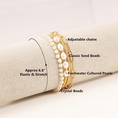 Dainty Gold Pearl Crystal Beaded Bracelets Set for Women 14K Real Gold Plated Bead Pearl Crystal Beads Bracelet Stackable Paperclip Link Chain Bracelets Gold Bracelets for Women Trendy Jewelry2