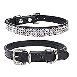 THAIN Basic Adjustable Dog Cat Collar Bling Rhinestones Shing Diamonds PU Leather with Rhinestones Buckle (S(Length 10'-13'), Black)