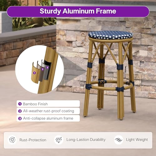 Image of PURPLE LEAF Patio Round Counter Height Stool Set of 2 Outdoor Backless Barstools Aluminum Frame in Bamboo Finish with Navy Blue&White Woven Rattan for Indoor Kitchen Dining Bistros Cafe Restaurant