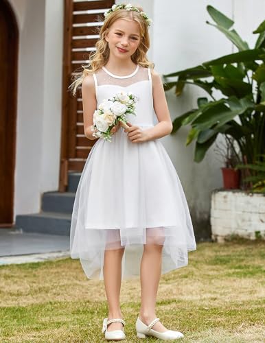 Image of Arshiner Girls Dresses Formal Party Wedding Tulle Sleeveless Contrast Mesh High Low Dress with Belt