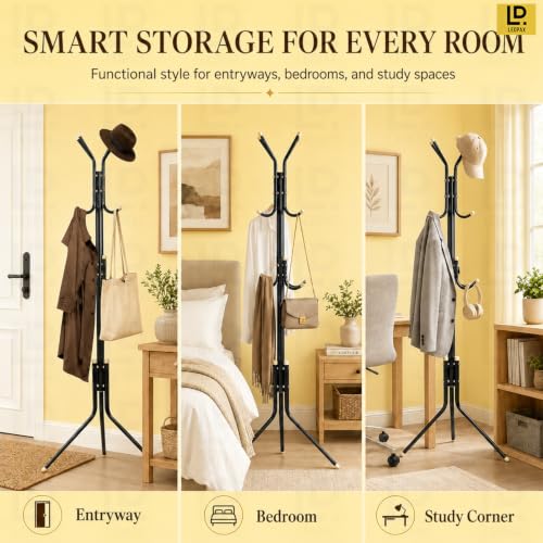 Image of LEOPAX Metal Coat Rack Stand with 12 Hooks, Freestanding Tree Shape Coat Hanger for Clothes, Hats, Bags, Towels & Umbrella, Heavy Duty Floor Standing Clothes Rack for Bedroom & Entryway, Black