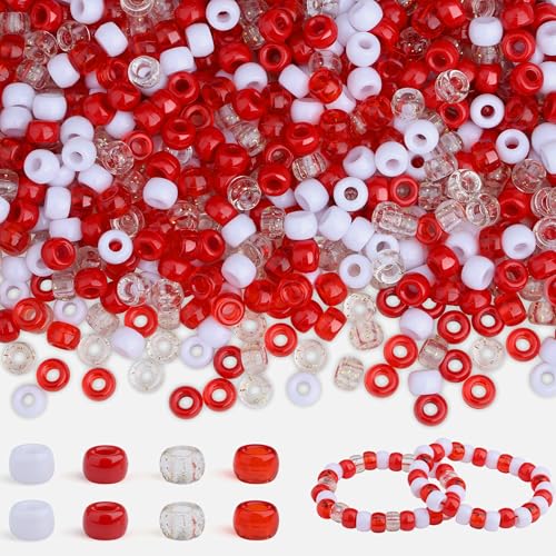 LAIDANLA 1000pcs Red and White Pony Beads for Bracelet 6x9mm Mix Red Beads for Hair Braids Kandi Bead Bulk for DIY Craft Party Jewelry Making